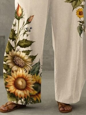 Active Fashion High Waist Sunflower Print Wide Leg Chinos - Image 3