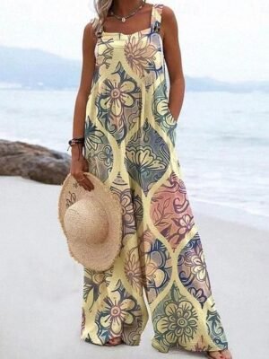 Active Loose Fit Floral Sleeveless Wide Leg Dungarees - Image 2