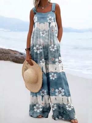 Active Loose Fit Floral Sleeveless Wide Leg Dungarees - Image 3