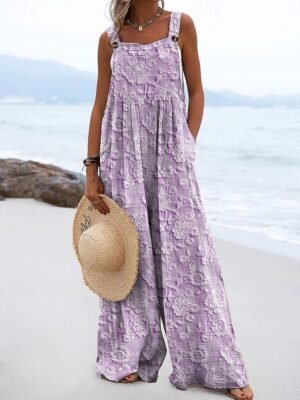 Active Loose Fit Floral Sleeveless Wide Leg Jumpsuit - Image 4