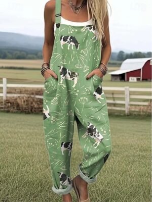 Active Loose Fit Graphic Sleeveless Drawstring Jumpsuit - Image 1