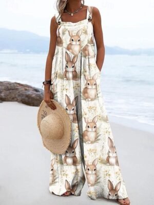 Active Loose Fit Graphic Sleeveless Wide Leg Summer Dungarees - Image 1