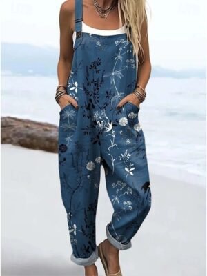 Active Loose Floral Sleeveless Drawstring Overall - Image 1