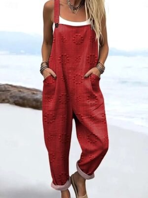 Active Loose Floral Sleeveless Drawstring Vacation Dungarees - Image 4