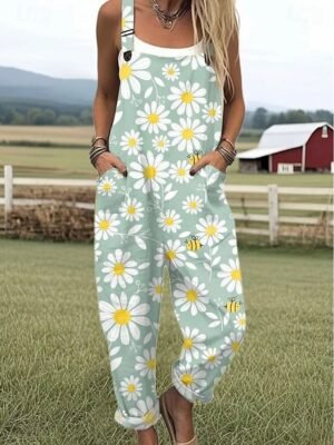 Active Loose Floral Sleeveless Drawstring Overall - Image 5