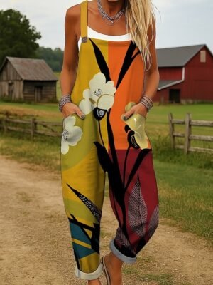 Active Loose Floral Sleeveless Dungarees - Image 1