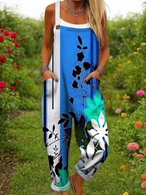 Active Loose Floral Sleeveless Dungarees - Image 4
