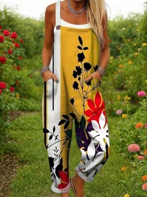 Active Loose Floral Sleeveless Dungarees - Image 5