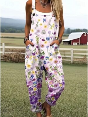 Active Loose Floral Sleeveless Harem Dungarees - Image 2