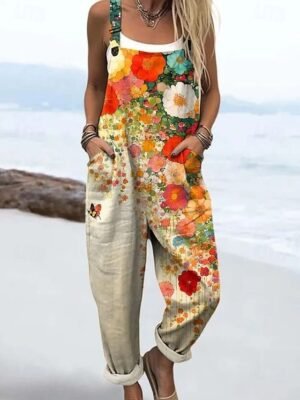 Active Loose Floral Sleeveless Harem Pocket Dungarees - Image 1