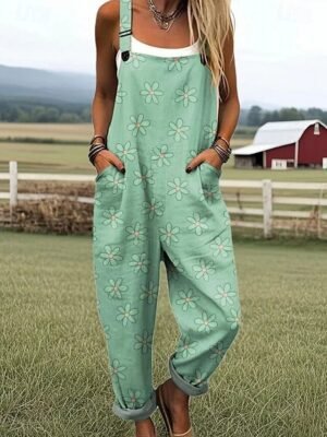 Active Loose Floral Sleeveless Harem Pocket Dungarees - Image 5