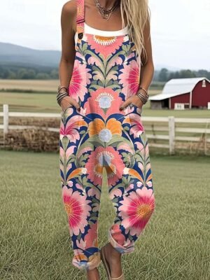 Active Loose Floral Sleeveless Straight Dungarees - Image 3