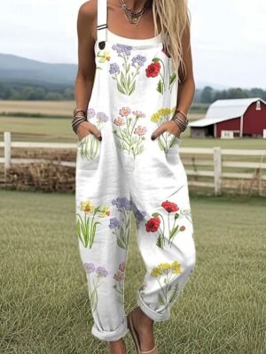 Active Loose Floral Sleeveless Straight Jumpsuit - Image 3