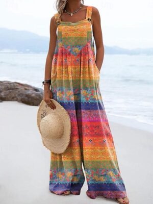 Active Loose Floral Sleeveless Wide Leg Dungarees - Image 1