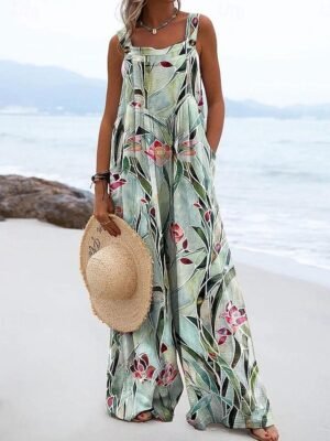 Active Loose Floral Sleeveless Wide Leg Dungarees - Image 2