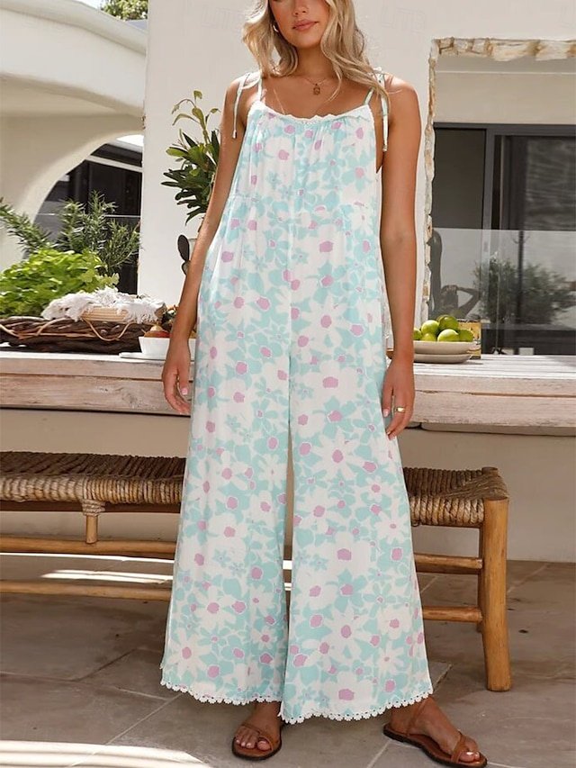 Active Loose Floral U Neck Sleeveless High Waist Jumpsuit - Image 1