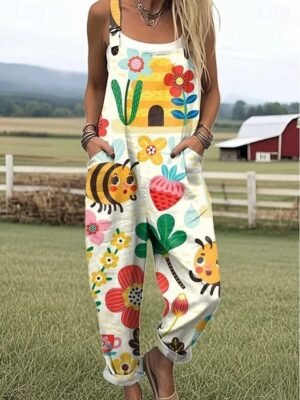 Active Loose Graphic Sleeveless Button Summer Romper - Image 1