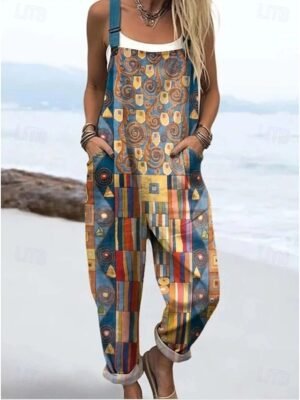 Active Loose Graphic Sleeveless Straight Drawstring Jumpsuit - Image 1