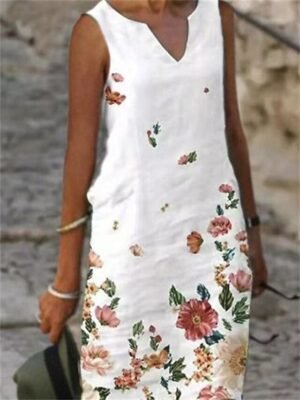 Active Loose Print V Neck Sleeveless Midi Dress - Image 1