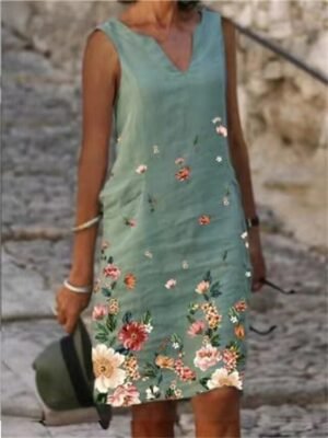 Active Loose Print V Neck Sleeveless Midi Dress - Image 3