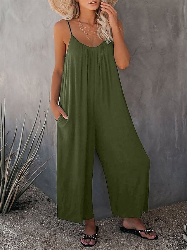 Active Loose Solid U Neck Sleeveless Summer Jumpsuit - Image 1