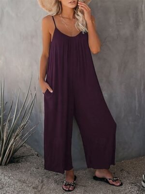 Active Loose Solid U Neck Sleeveless Summer Jumpsuit - Image 14