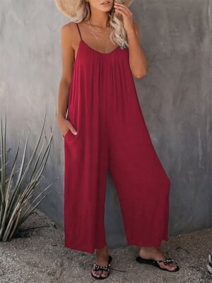 Active Loose Solid U Neck Sleeveless Summer Jumpsuit - Image 4