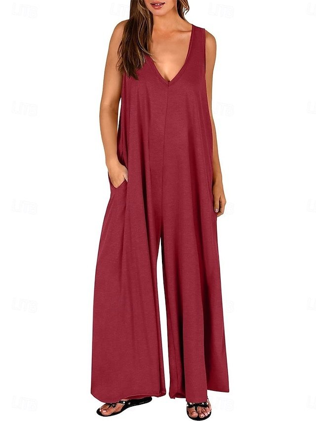 Active Loose Solid V Neck Sleeveless High Waist Jumpsuit - Image 1