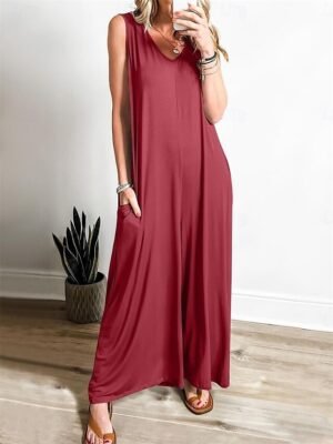 Active Loose Solid V Neck Sleeveless High Waist Jumpsuit - Image 3