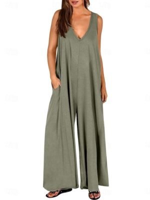 Active Loose Solid V Neck Sleeveless High Waist Jumpsuit - Image 4