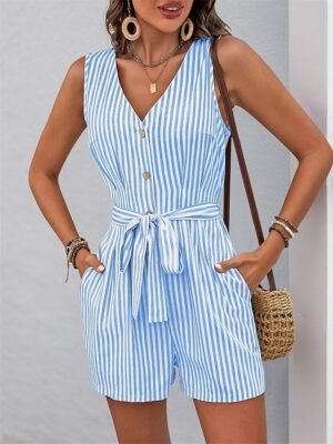 Active Loose Striped V Neck Sleeveless Short Romper - Image 7