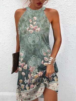 Active Regular Fit Floral Halter Neck Sleeveless Mini Dress - Image 3