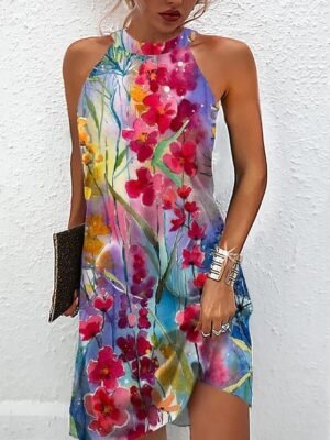 Active Regular Fit Floral Halter Neck Sleeveless Mini Dress - Image 6