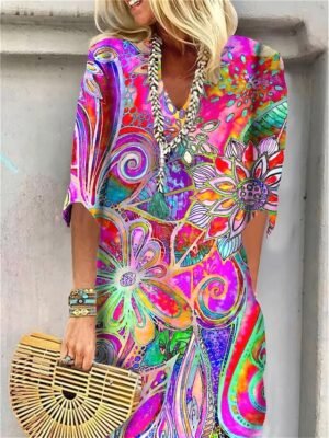 Active Regular Fit Floral Paisley V Neck Half Sleeve Mini Dress - Image 1