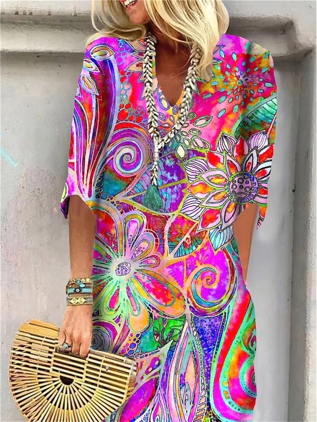 Active Regular Fit Floral Paisley V Neck Half Sleeve Mini Dress - Image 1