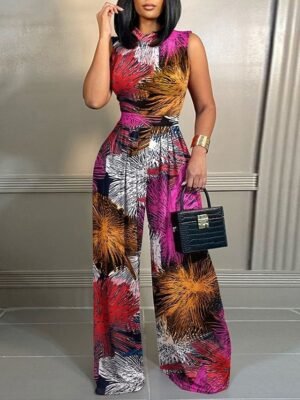 Active Regular Fit Floral Round Neck Sleeveless Wide Leg Jumpsuit - Image 1