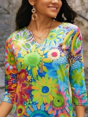 Active Regular Fit Floral Split Neck Half Sleeve Mini Dress - Image 6