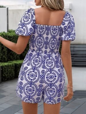 Active Regular Fit Floral Square Neck Short Sleeve High Waist Romper - Image 2
