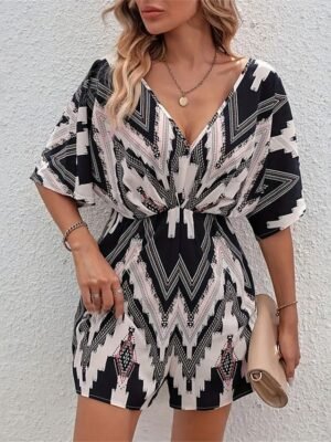 Active Regular Fit Geometric V Neck Short Sleeve High Waist Romper - Image 1