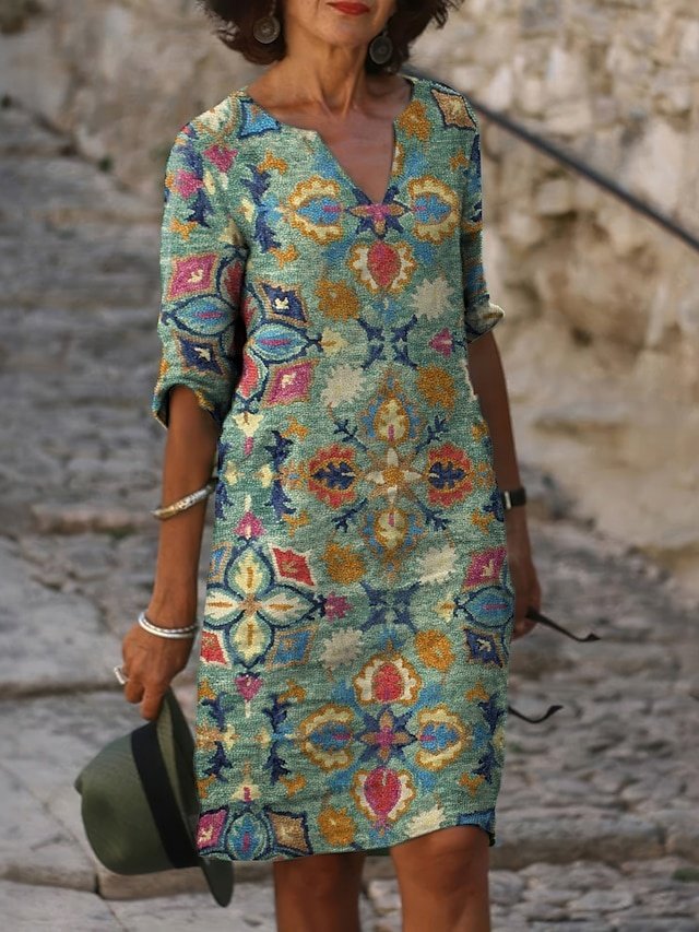 Active Regular Fit Graphic Split Neck Half Sleeve Midi Dress - Image 1