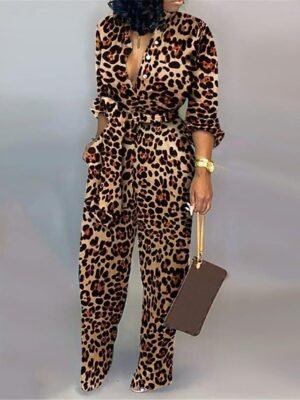 Active Regular Fit Leopard Shirt Collar Long Sleeve Jumpsuit - Image 1
