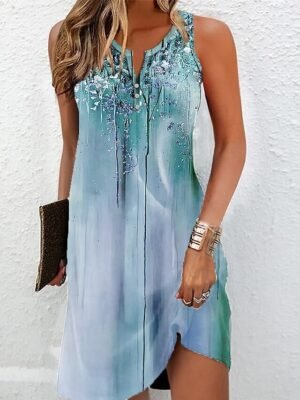 Active Regular Fit Ombre Floral Split Neck Sleeveless Mini Dress - Image 6