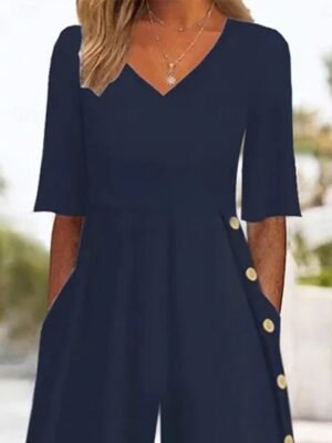 Active Regular Fit Solid V Neck Half Sleeve Wide Leg Jumpsuit - Image 2
