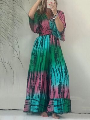 Active Regular Fit Tie Dye V Neck Half Sleeve High Waist Jumpsuit - Image 1