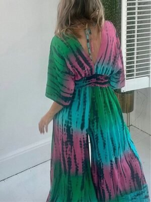 Active Regular Fit Tie Dye V Neck Half Sleeve High Waist Jumpsuit - Image 2