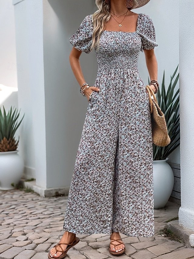 Active Regular Floral Square Neck Short Sleeve High Waist Jumpsuit - Image 1