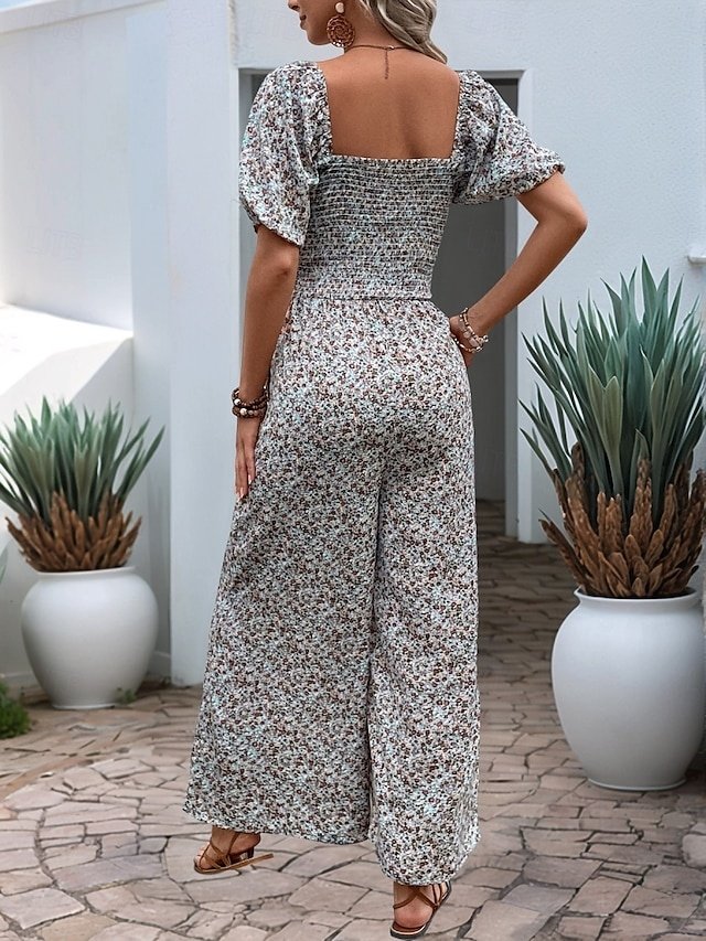 Active Regular Floral Square Neck Short Sleeve High Waist Jumpsuit - Image 2