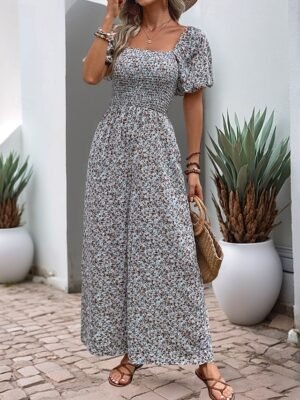 Active Regular Floral Square Neck Short Sleeve High Waist Jumpsuit - Image 3