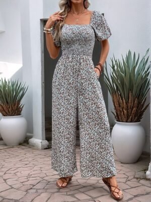 Active Regular Floral Square Neck Short Sleeve High Waist Jumpsuit - Image 4