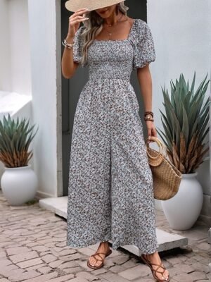 Active Regular Floral Square Neck Short Sleeve High Waist Jumpsuit - Image 5